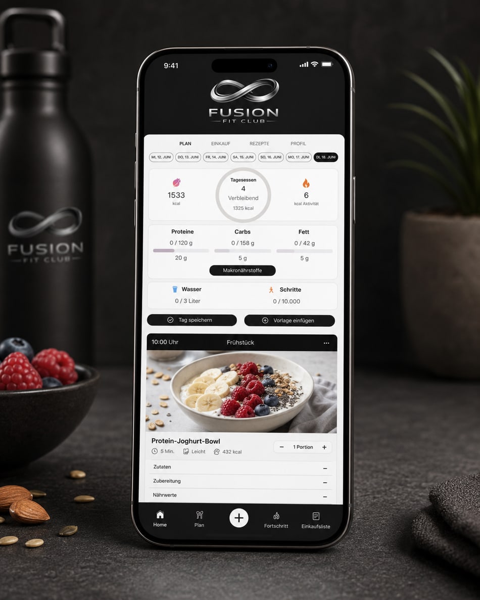 Die Fusion-Ernährungs-App mit Mahlzeitenübersicht und Rezepten auf dem Smartphone